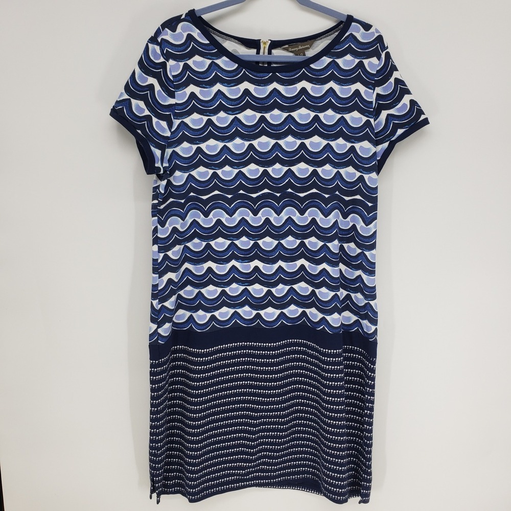 Tommy Bahama Geometric Wave Shift Dress Womens Large Blue Pima Cotton Coastal